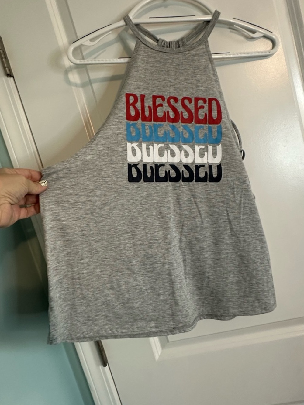 No Boundaries Gray Racerback Tank with Red White and Blue 'BLESSED' Graphic